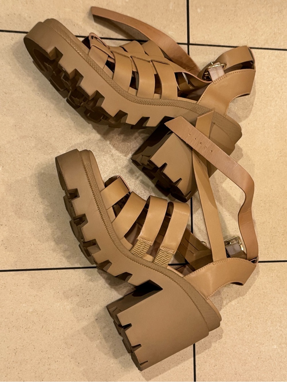 Steve Madden Tan Lug-Soled Strappy Platform Heels